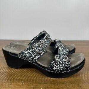 Dansko Sandals Womens 38 Black Silver Sophie Stingray Slide Wedge Buckle Comfort